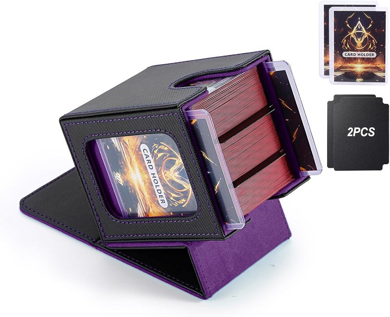 Stepane MTG Deck Box, Double Display Window MTG, Commander Deck Box Fits 120+ Single Sleeved Cards, PU Leather Magnetic Closure Card Box with 2 Dividers&2 Toploaders for TCG, CCG, Black/Violet - Image 1